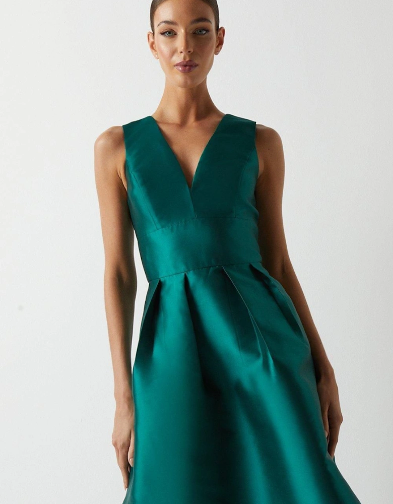 Plunge Neck Structured Twill Midi Bridesmaid Dress