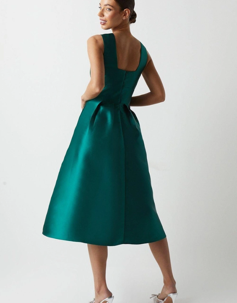 Plunge Neck Structured Twill Midi Bridesmaid Dress