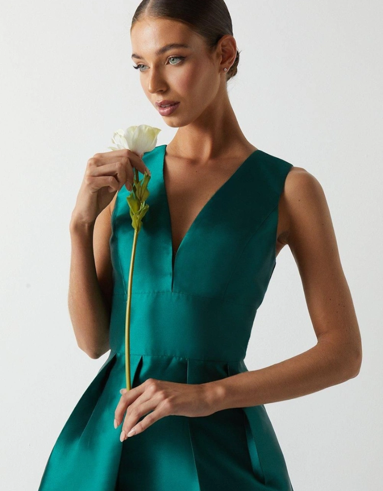 Plunge Neck Structured Twill Midi Bridesmaid Dress
