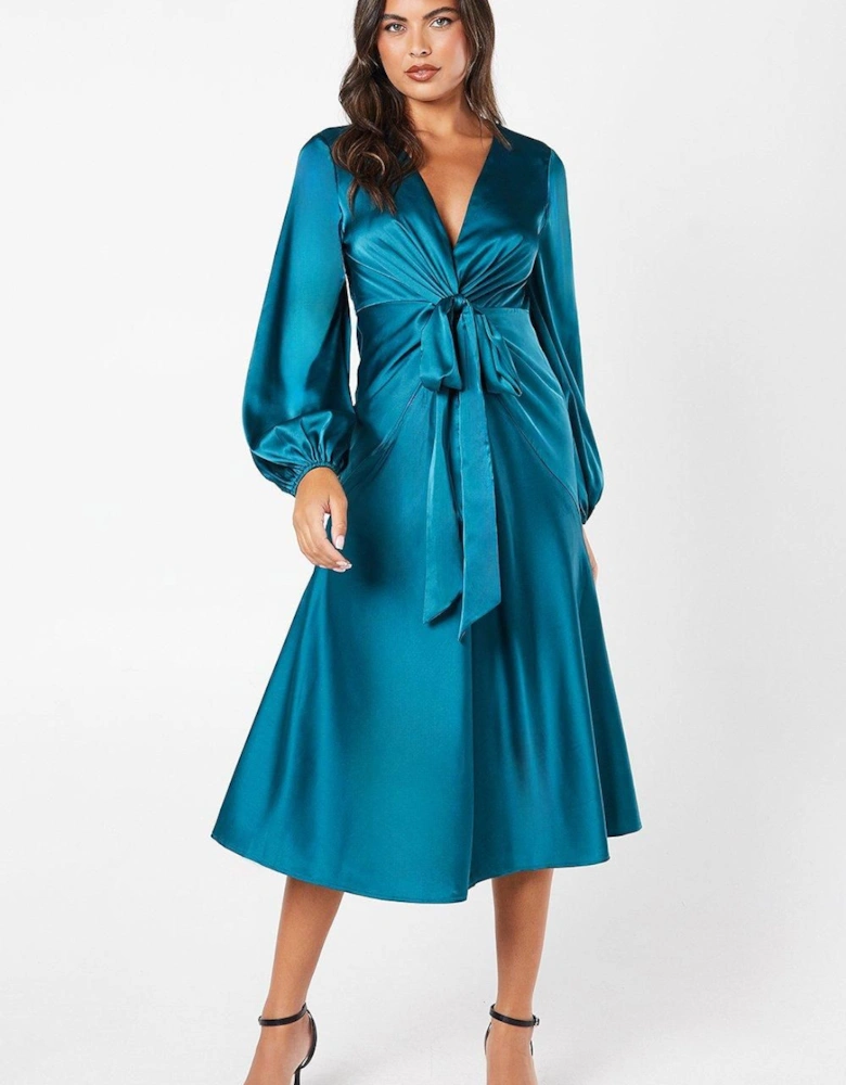 Satin Twist Front Midi Dress