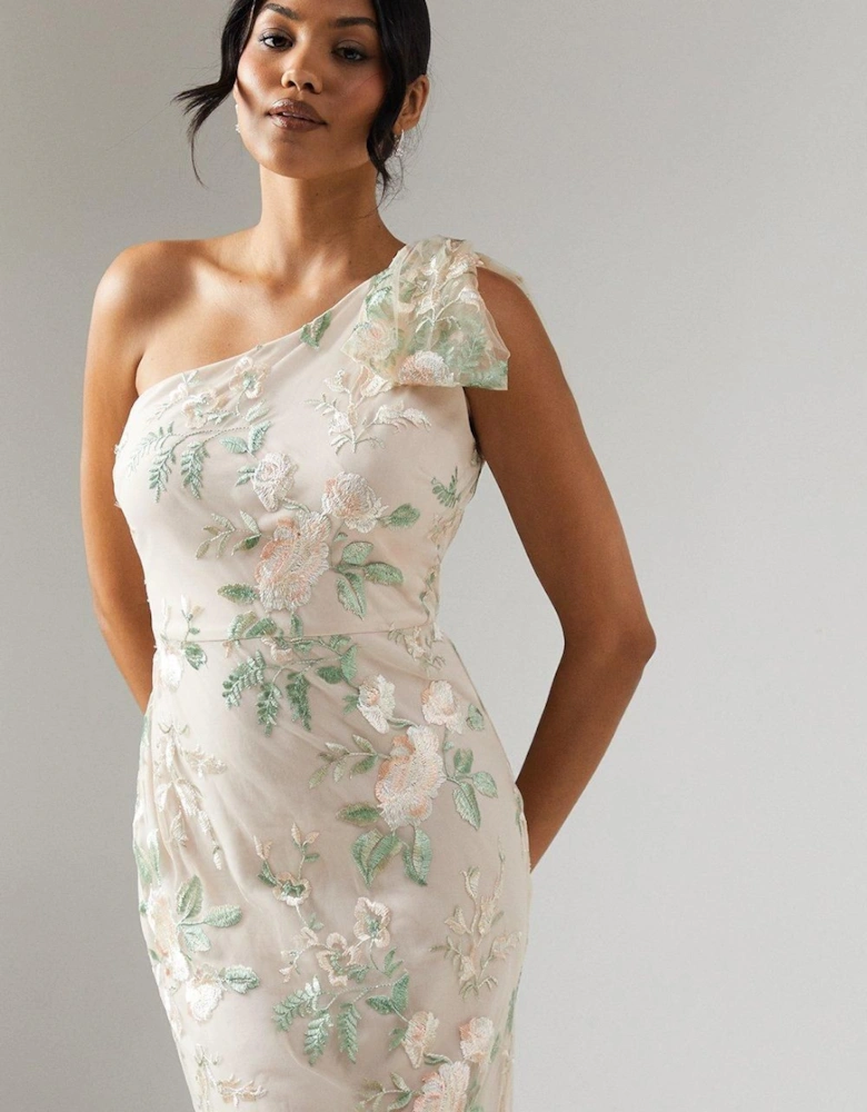One Shoulder Rose Embroidered Bridesmaid Dress