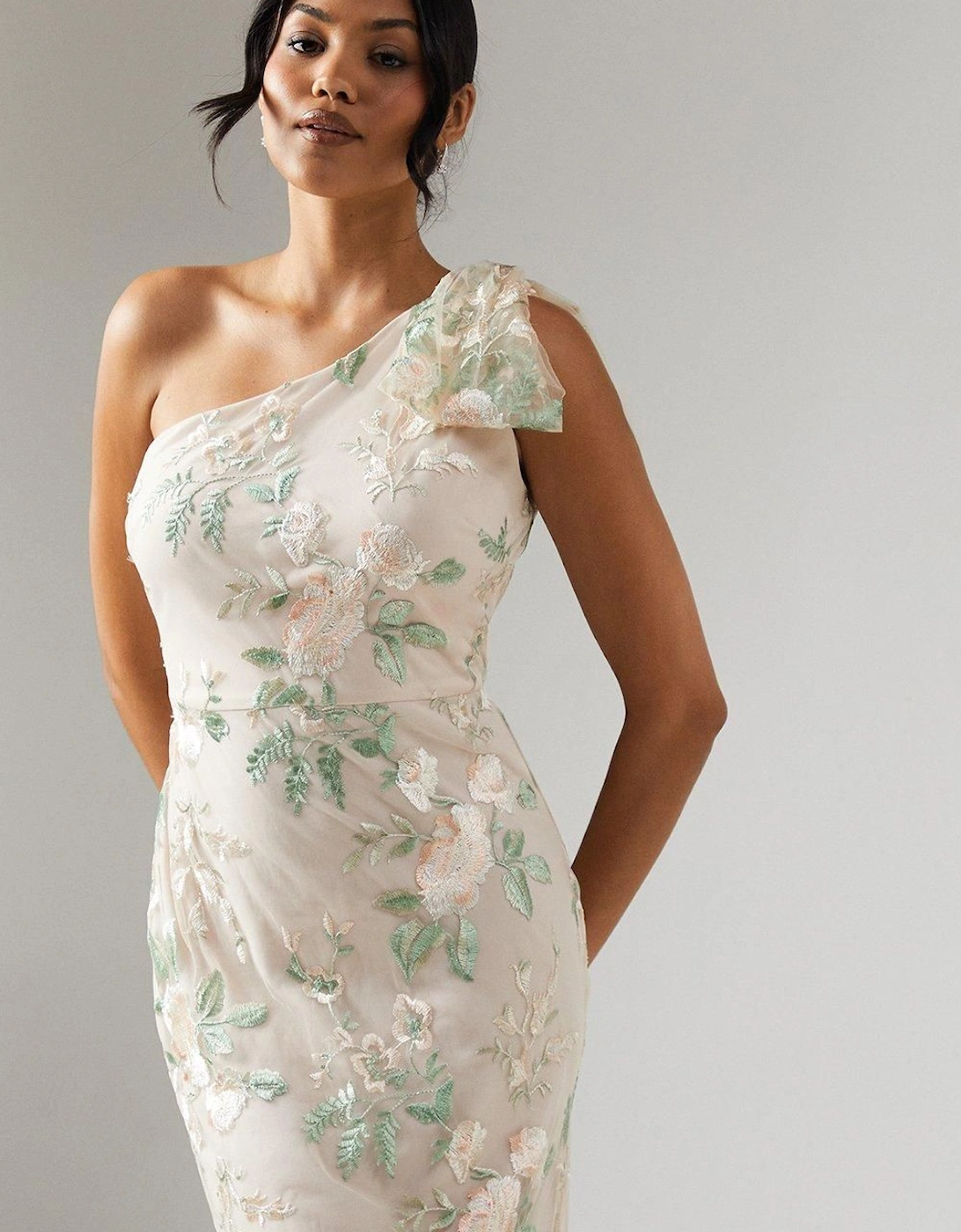 One Shoulder Rose Embroidered Bridesmaid Dress