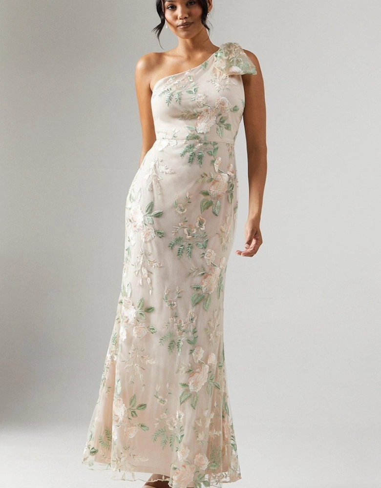 One Shoulder Rose Embroidered Bridesmaid Dress