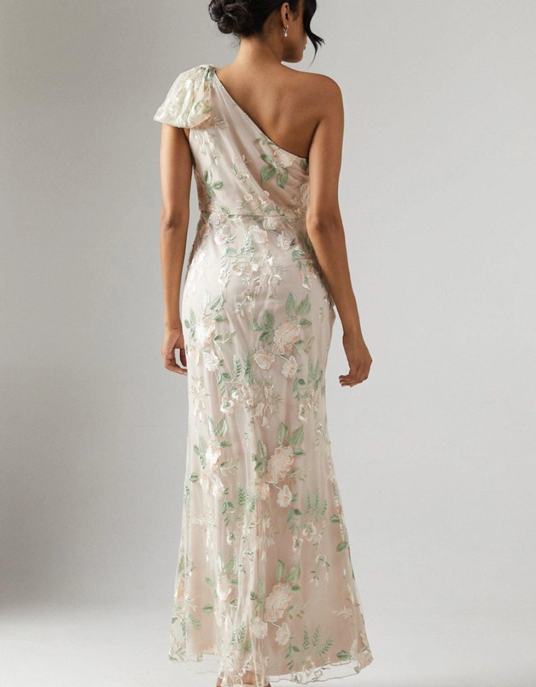 One Shoulder Rose Embroidered Bridesmaid Dress