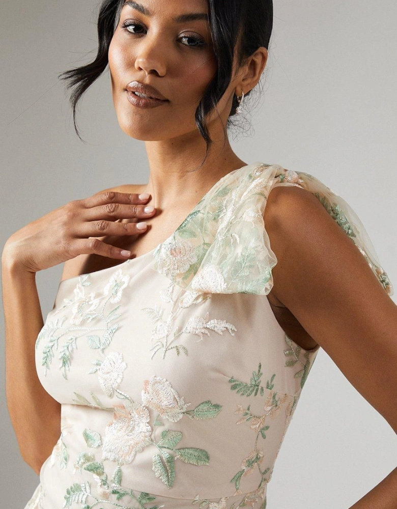One Shoulder Rose Embroidered Bridesmaid Dress