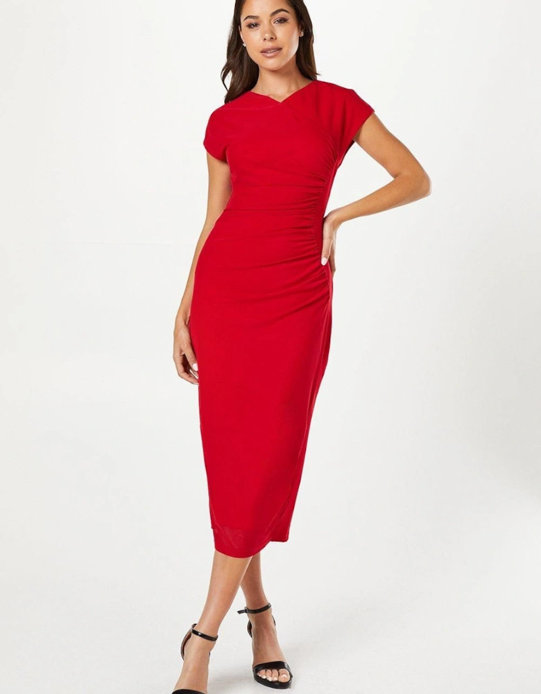 Stretch Crepe And Mesh Gathered Pencil Dress