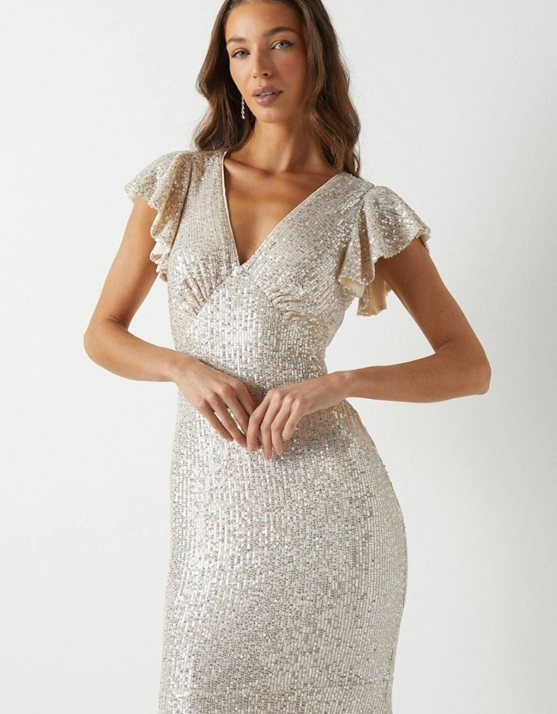 V Neck Angel Sleeve Sequin Maxi Bridesmaids Dress