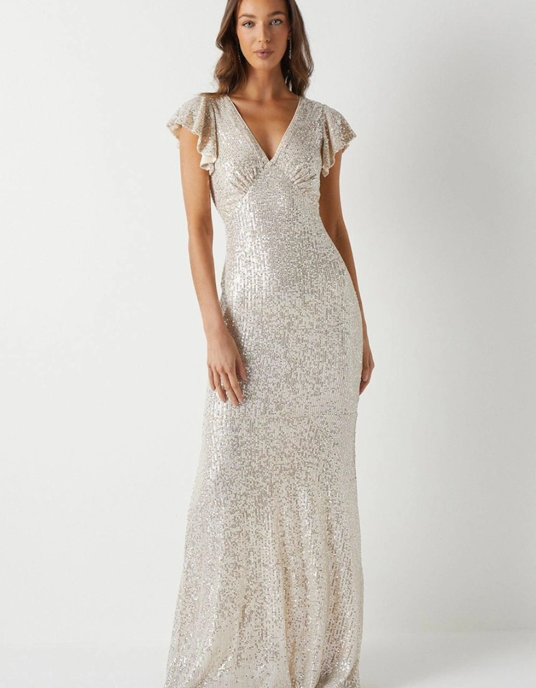 V Neck Angel Sleeve Sequin Maxi Bridesmaids Dress