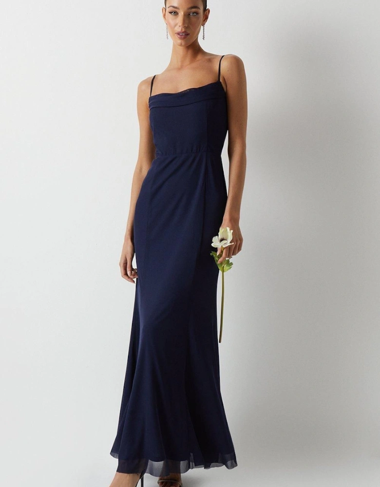 Cowl Front Stretch Mesh Bridesmaid Maxi Dress