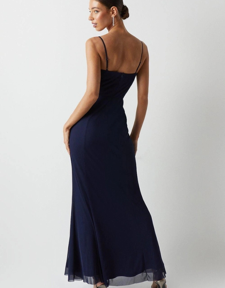 Cowl Front Stretch Mesh Bridesmaid Maxi Dress