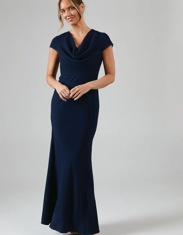 Lace Detail Cowl Front Crepe Bridesmaid Maxi Dress