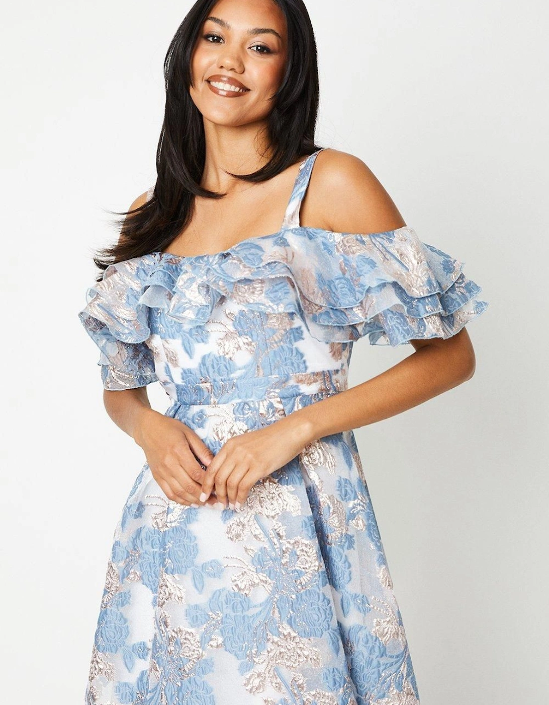 Frill Bardot Midi Dress In Floral Jacquard