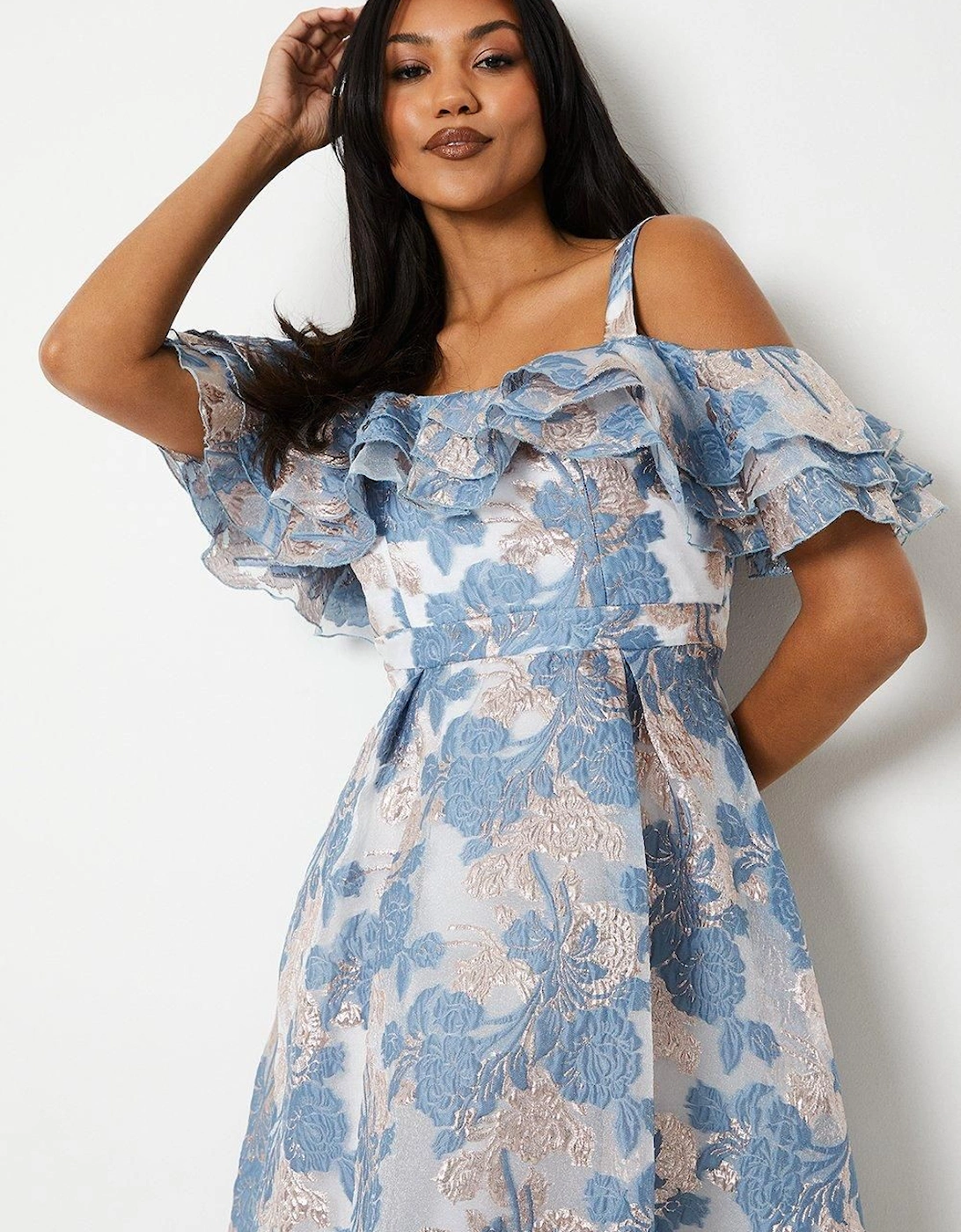 Frill Bardot Midi Dress In Floral Jacquard