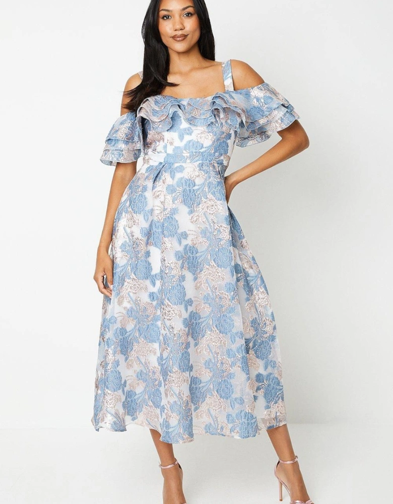 Frill Bardot Midi Dress In Floral Jacquard