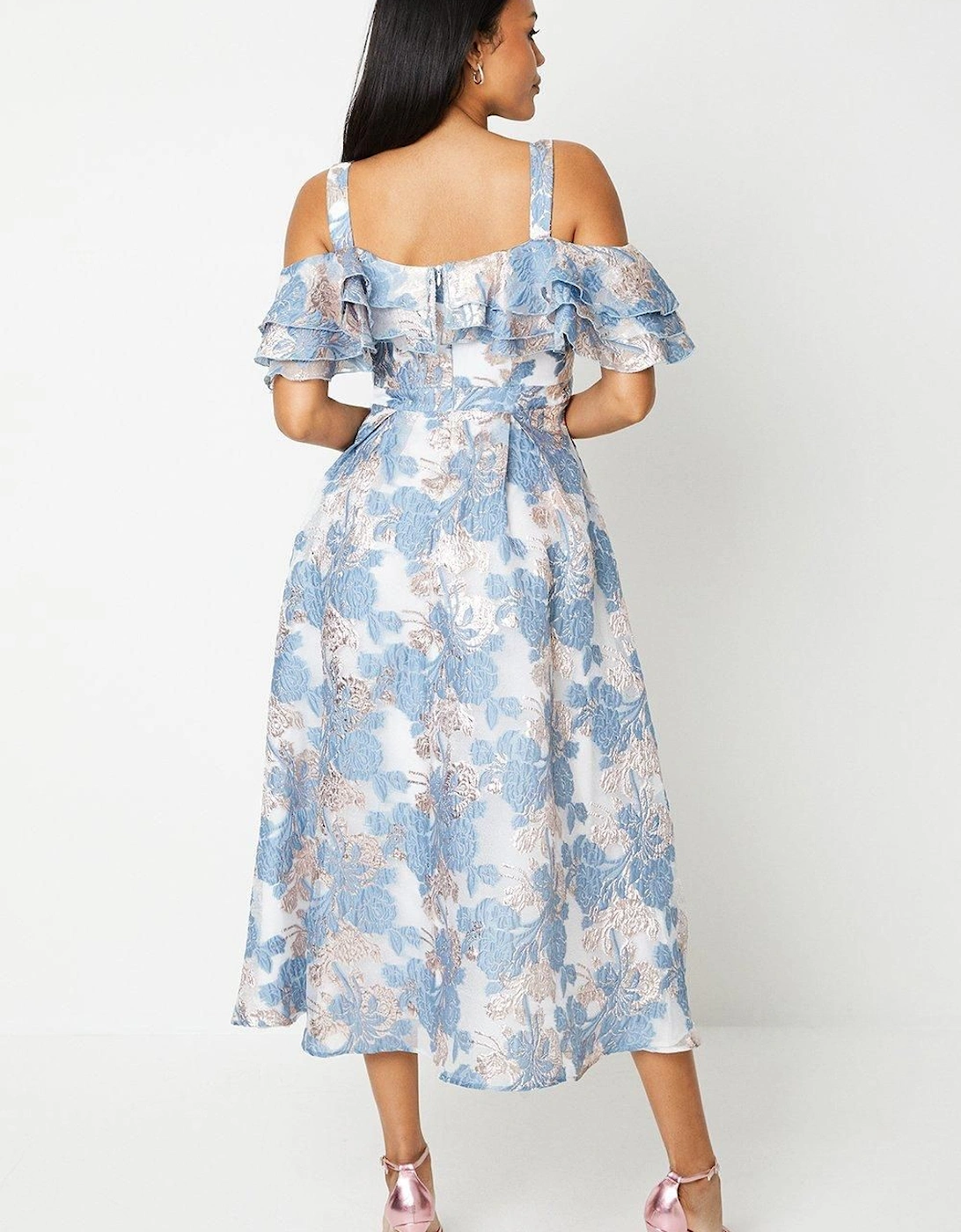 Frill Bardot Midi Dress In Floral Jacquard