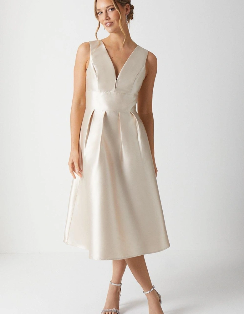 Plunge Neck Structured Twill Midi Bridesmaid Dress