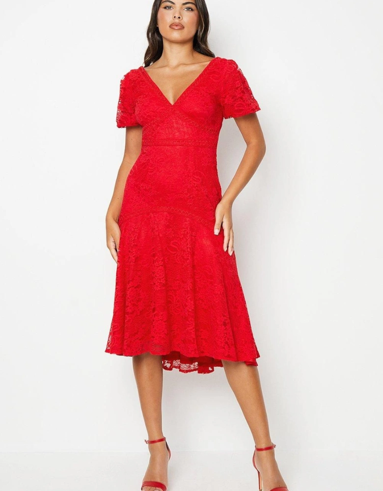 Lace Puff Sleeve High Low Hem Midi Dress