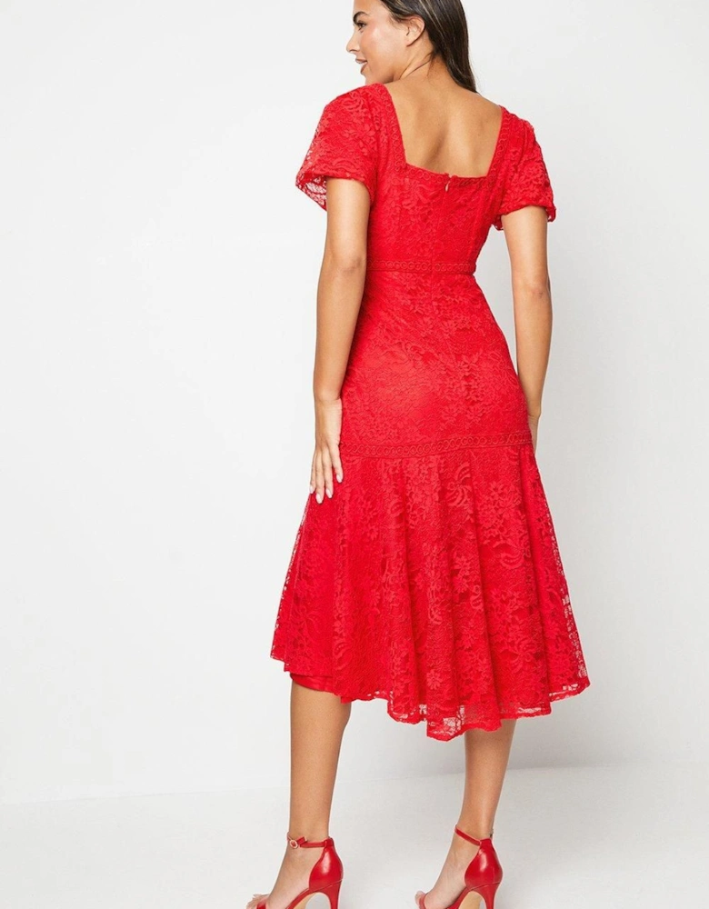 Lace Puff Sleeve High Low Hem Midi Dress