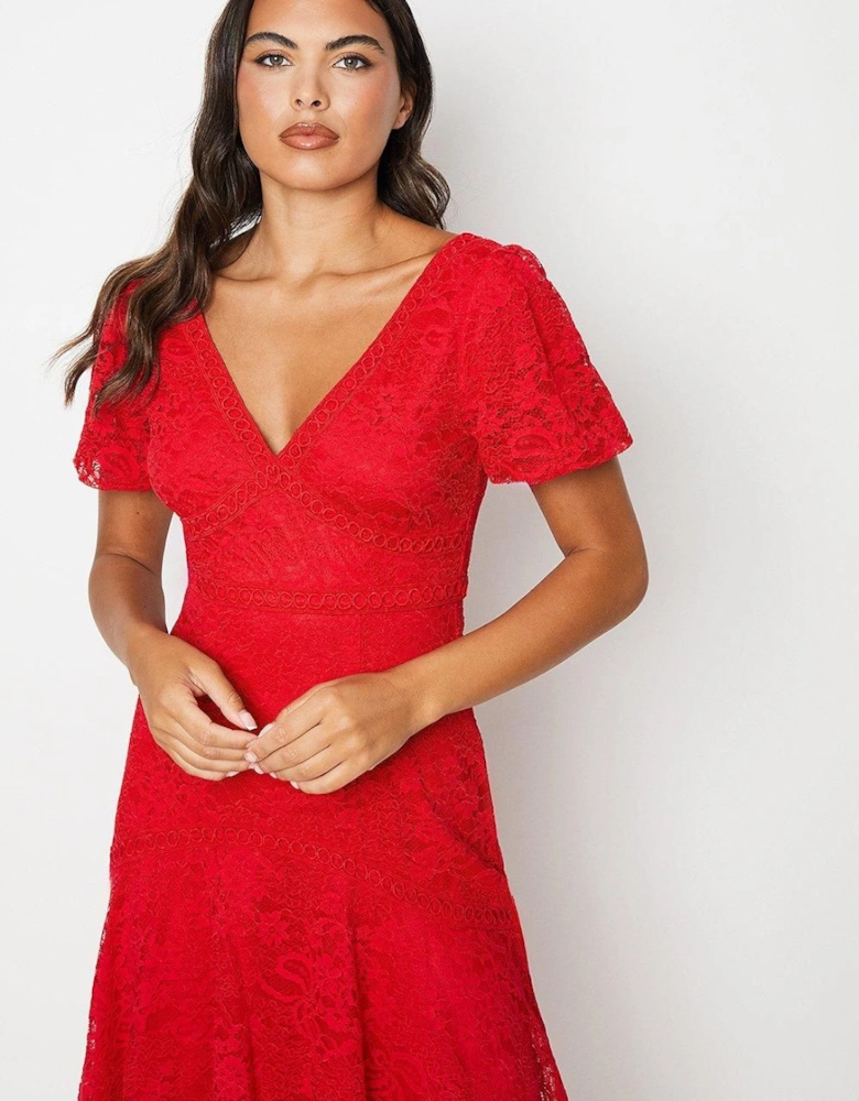 Lace Puff Sleeve High Low Hem Midi Dress