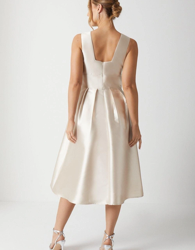 Plunge Neck Structured Twill Midi Bridesmaid Dress