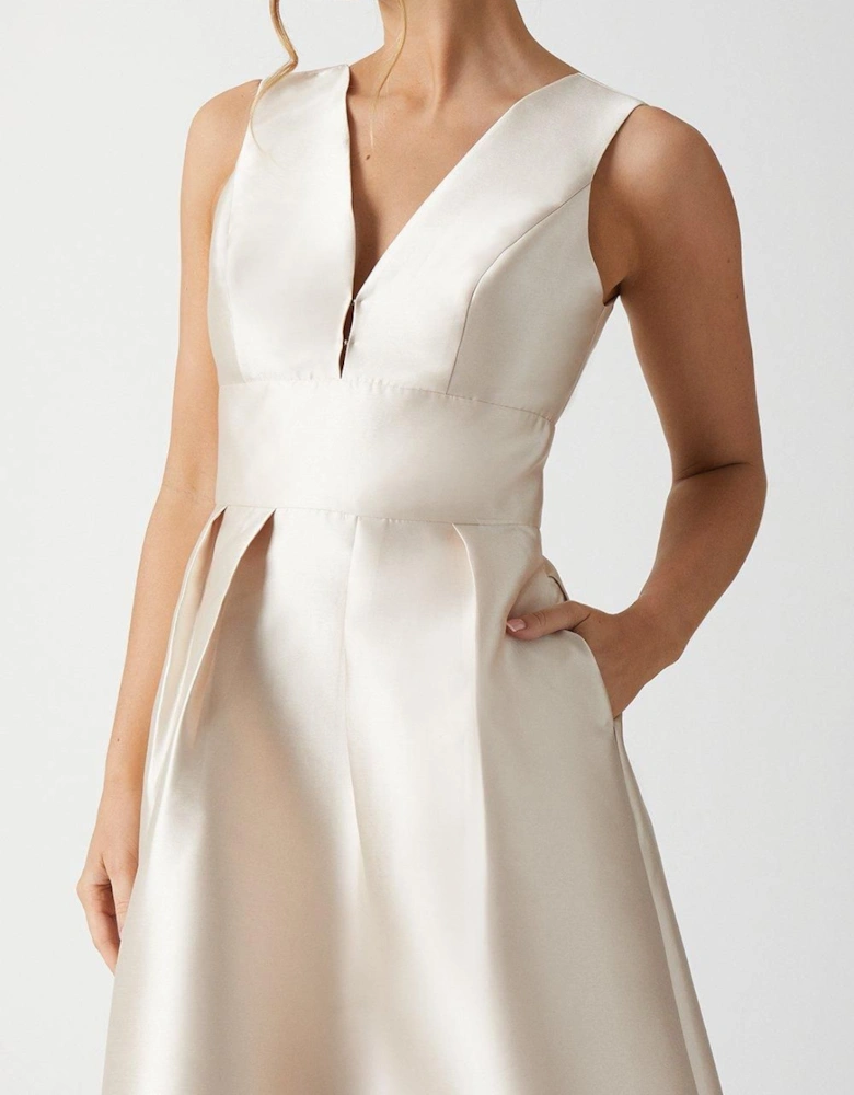 Plunge Neck Structured Twill Midi Bridesmaid Dress