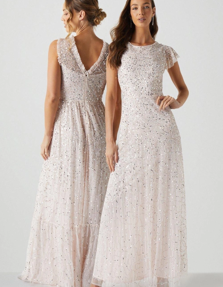 Angel Sleeve All Over Sequin Bridesmaid Maxi Dress