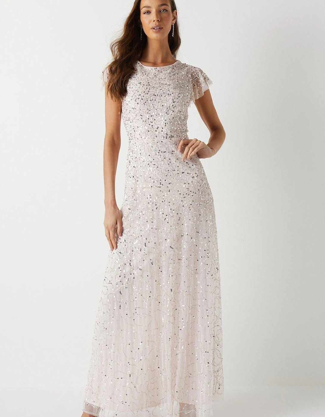 Angel Sleeve All Over Sequin Bridesmaid Maxi Dress