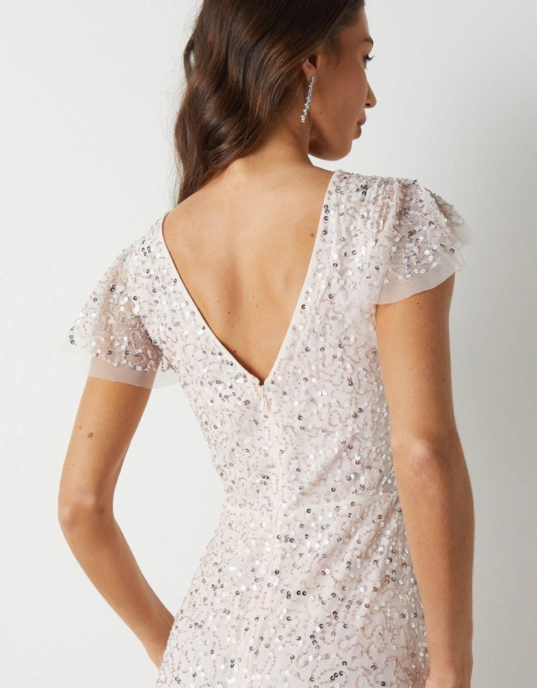 Angel Sleeve All Over Sequin Bridesmaid Maxi Dress