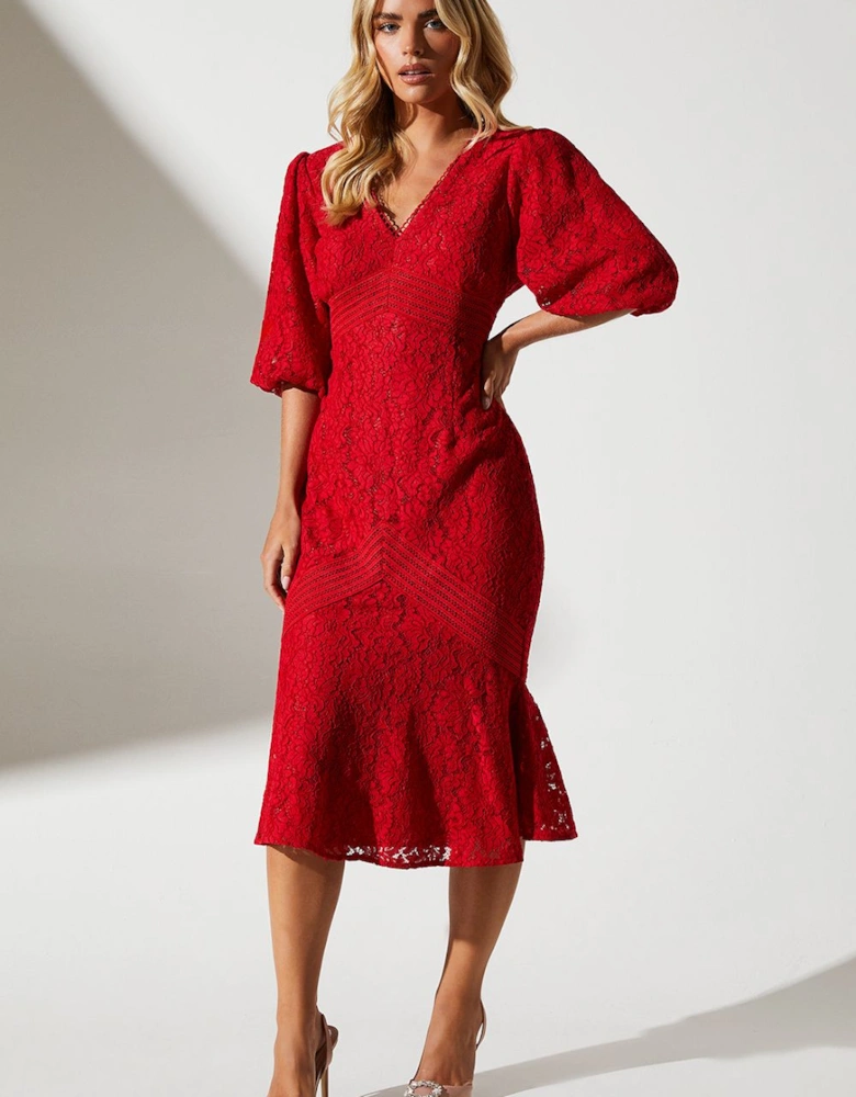 Petite Lace Blouson Sleeve Midi Wedding Guest Dress