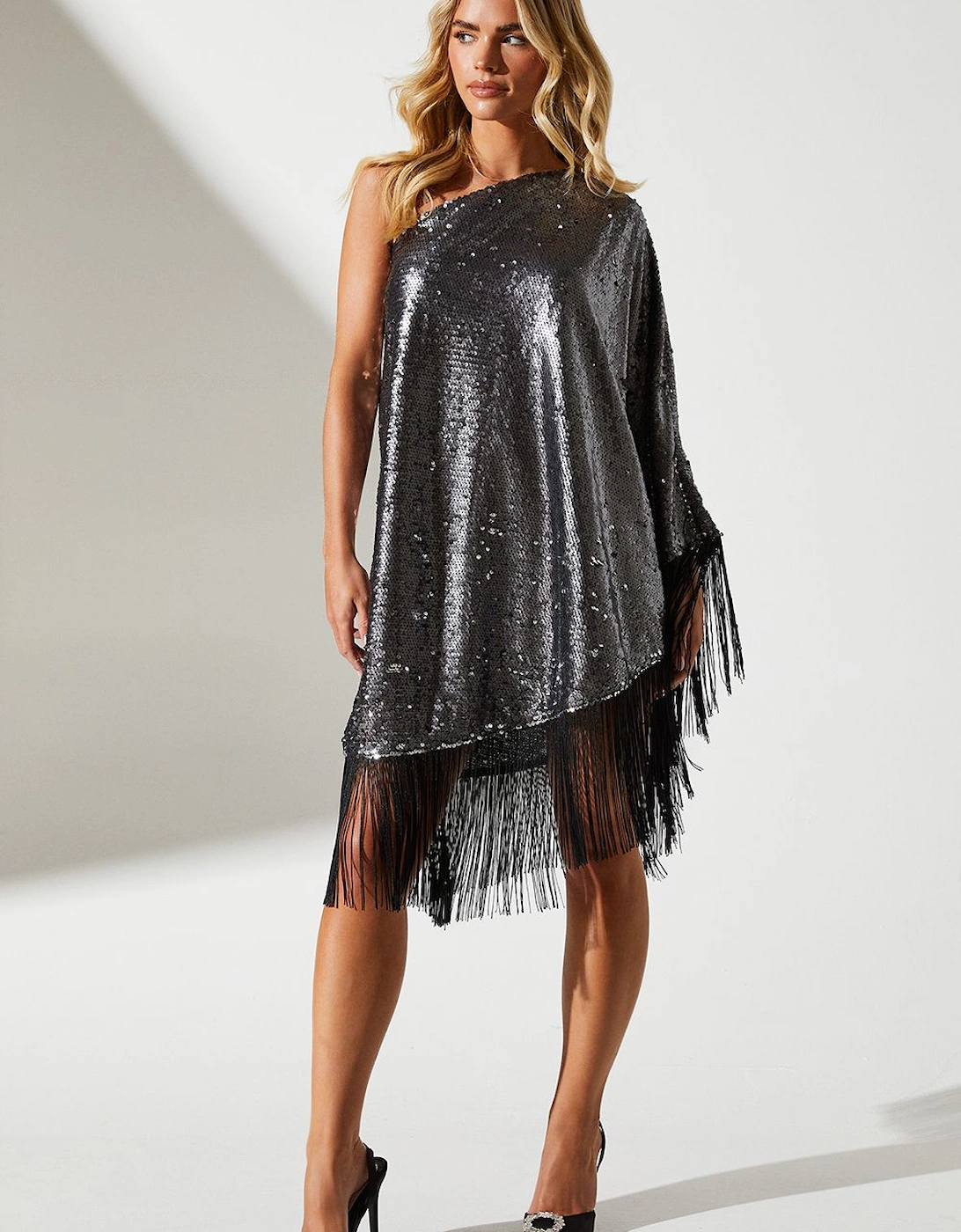 Petite Party Sequin One Shoulder Mini Dress With Fringe