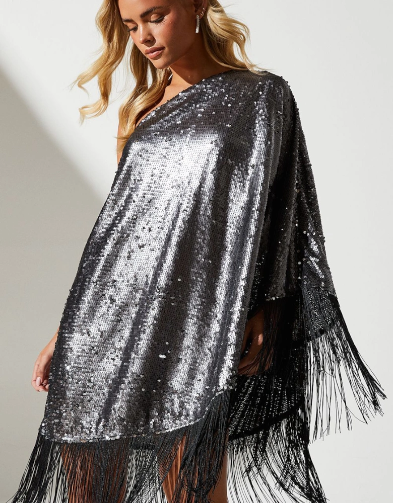 Petite Party Sequin One Shoulder Mini Dress With Fringe