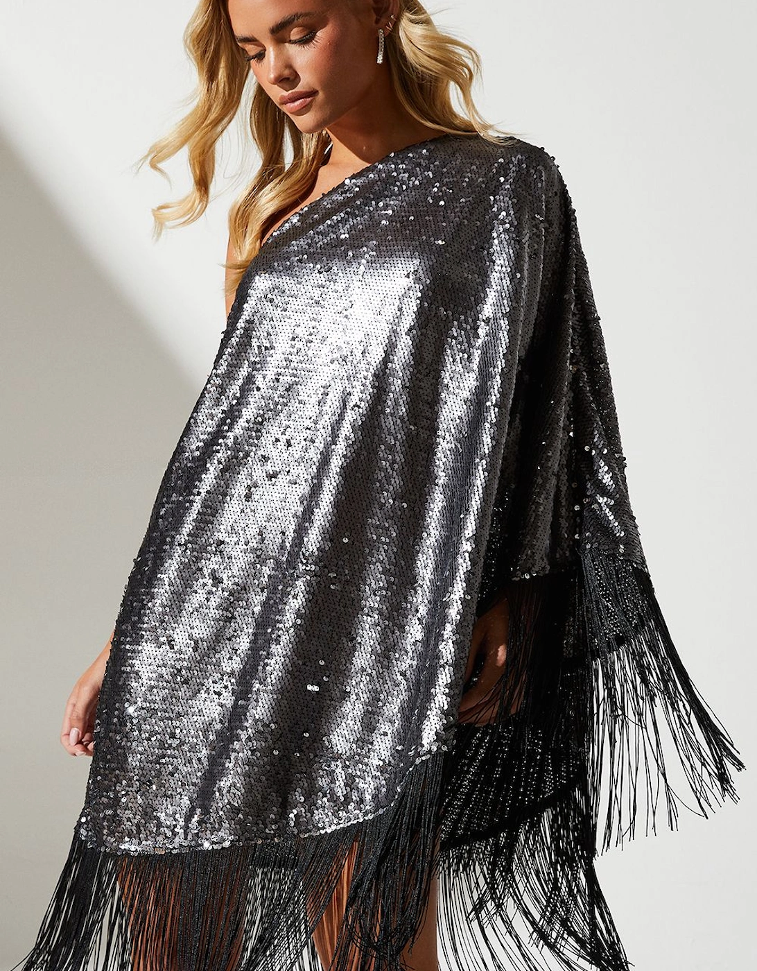 Petite Party Sequin One Shoulder Mini Dress With Fringe