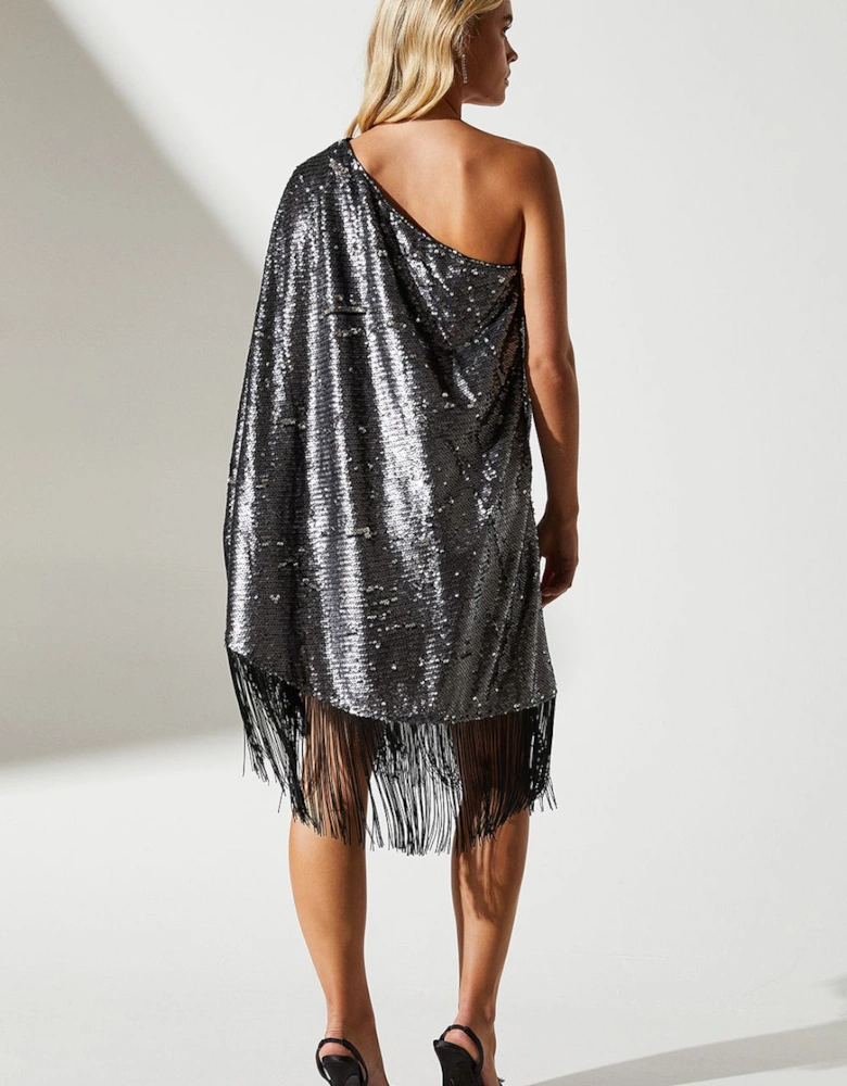 Petite Party Sequin One Shoulder Mini Dress With Fringe