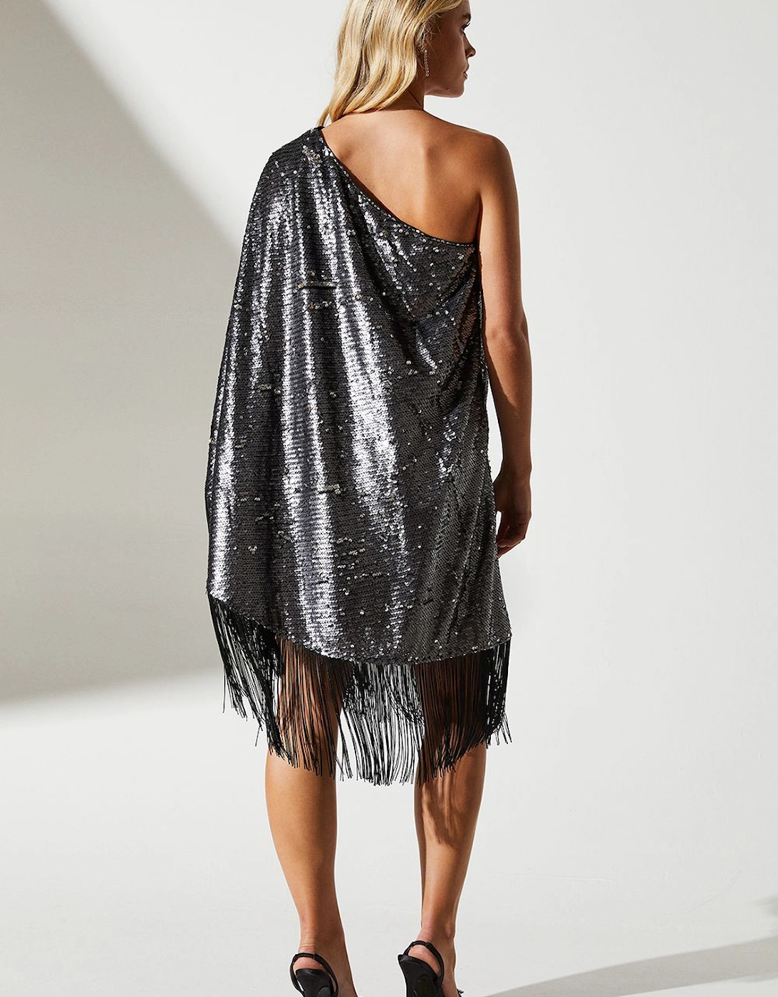 Petite Party Sequin One Shoulder Mini Dress With Fringe