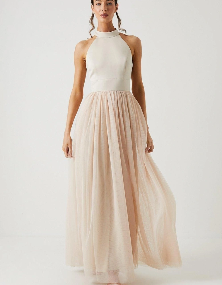 Satin Bodice Tulle Skirt Maxi Bridesmaid Dress