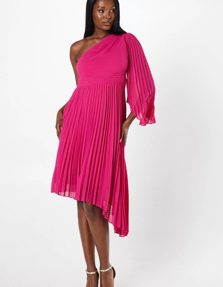 One Shoulder Asymmetric Skirt Pleated Georgette Midi Dress