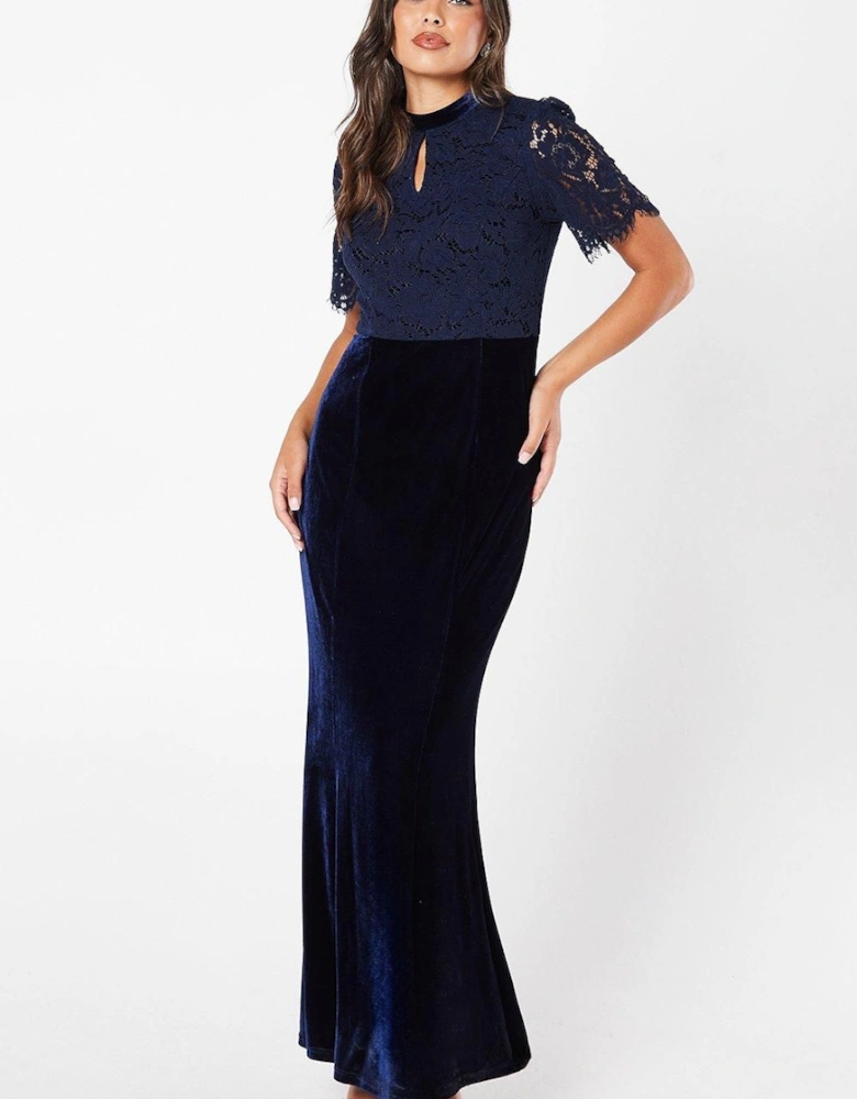 Lace Bodice Keyhole Detail Velvet Skirt Maxi Dress