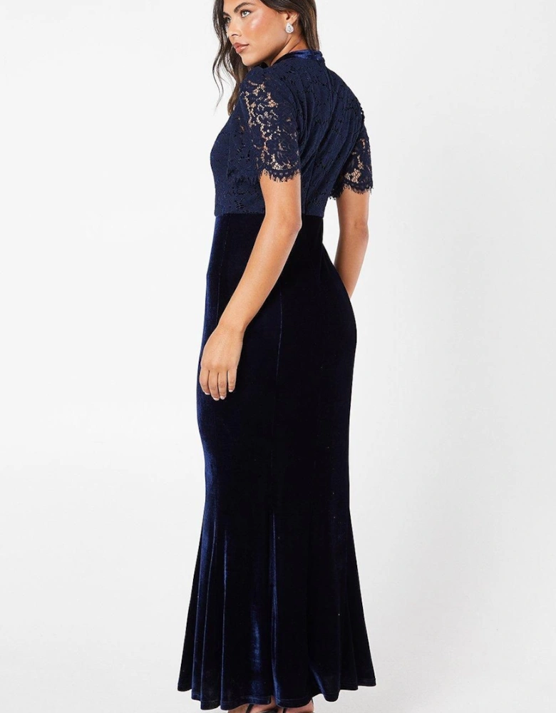 Lace Bodice Keyhole Detail Velvet Skirt Maxi Dress