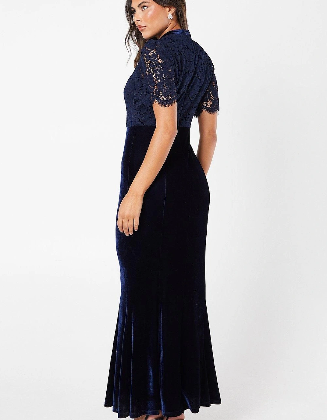 Lace Bodice Keyhole Detail Velvet Skirt Maxi Dress