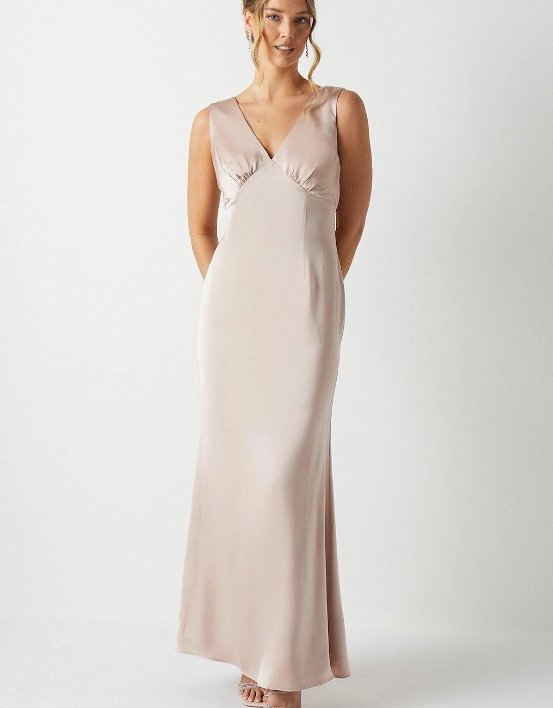 Bow Back V Neck Satin Bridesmaid Dress