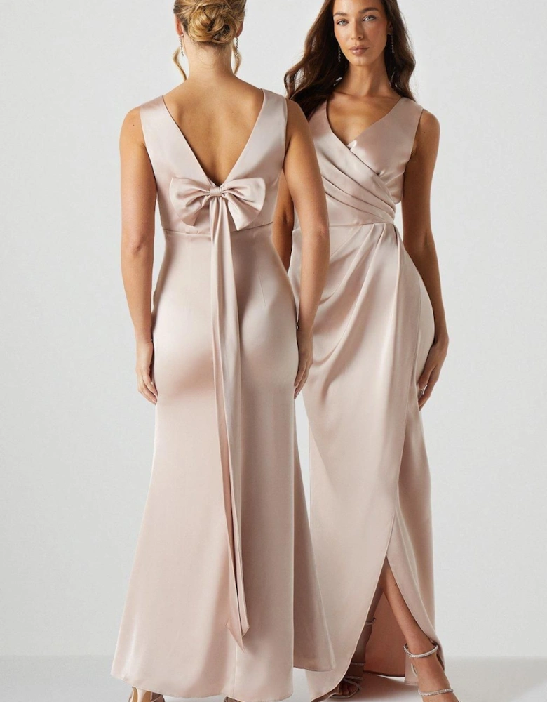 Bow Back V Neck Satin Bridesmaid Dress