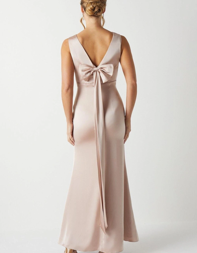 Bow Back V Neck Satin Bridesmaid Dress