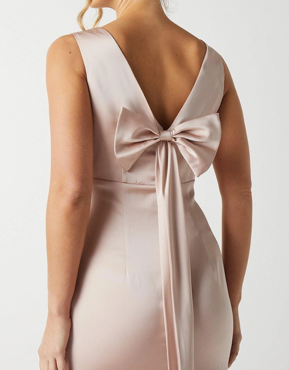 Bow Back V Neck Satin Bridesmaid Dress