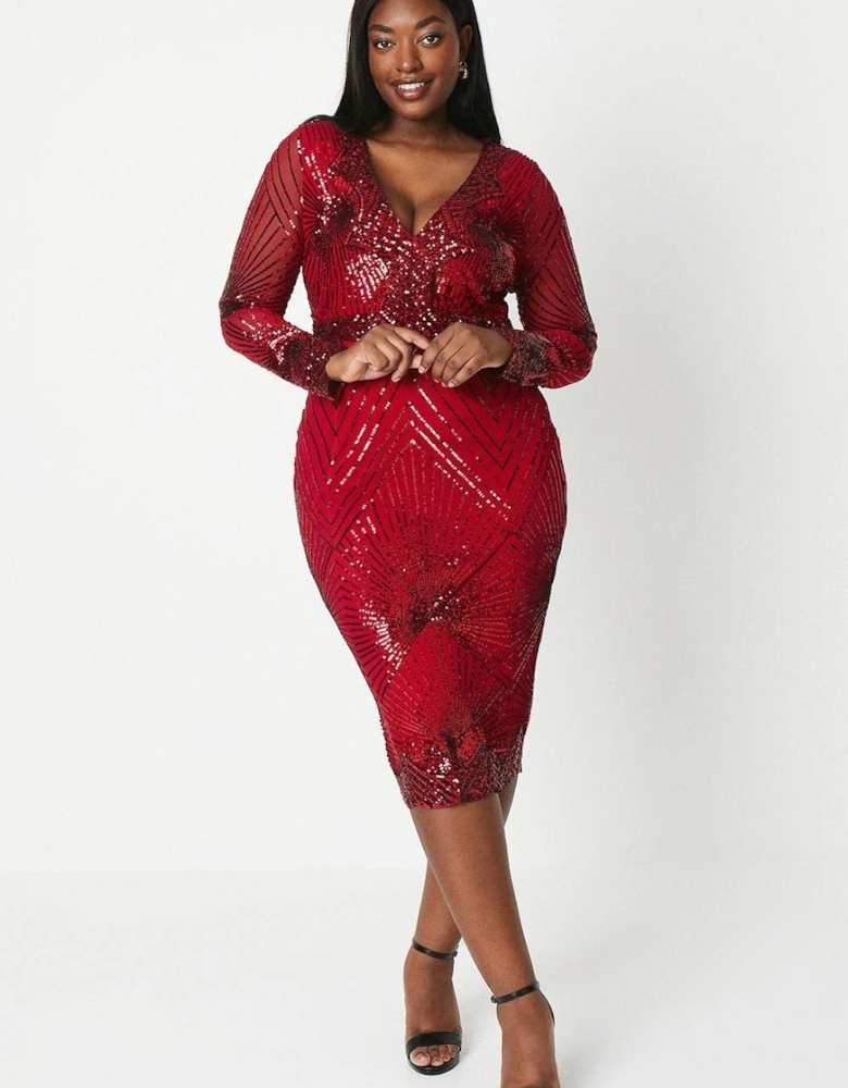 Plus V Neck Sequin Midi Dress