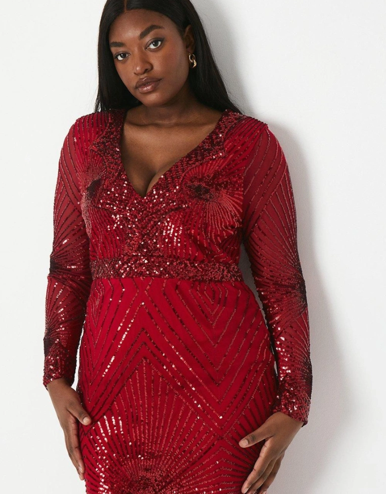 Plus V Neck Sequin Midi Dress