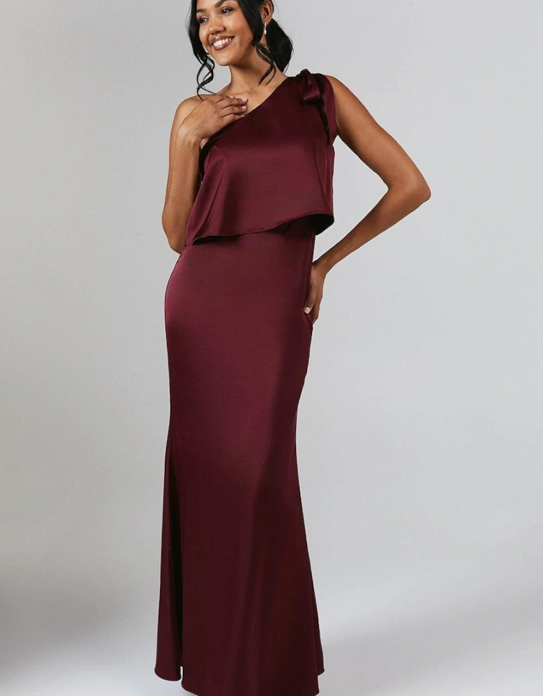 Tie One Shoulder Satin Bridesmaid Maxi Dress