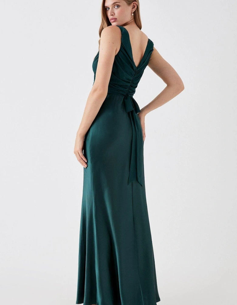 Chiffon Satin Bridesmaids Maxi Dress With Tie