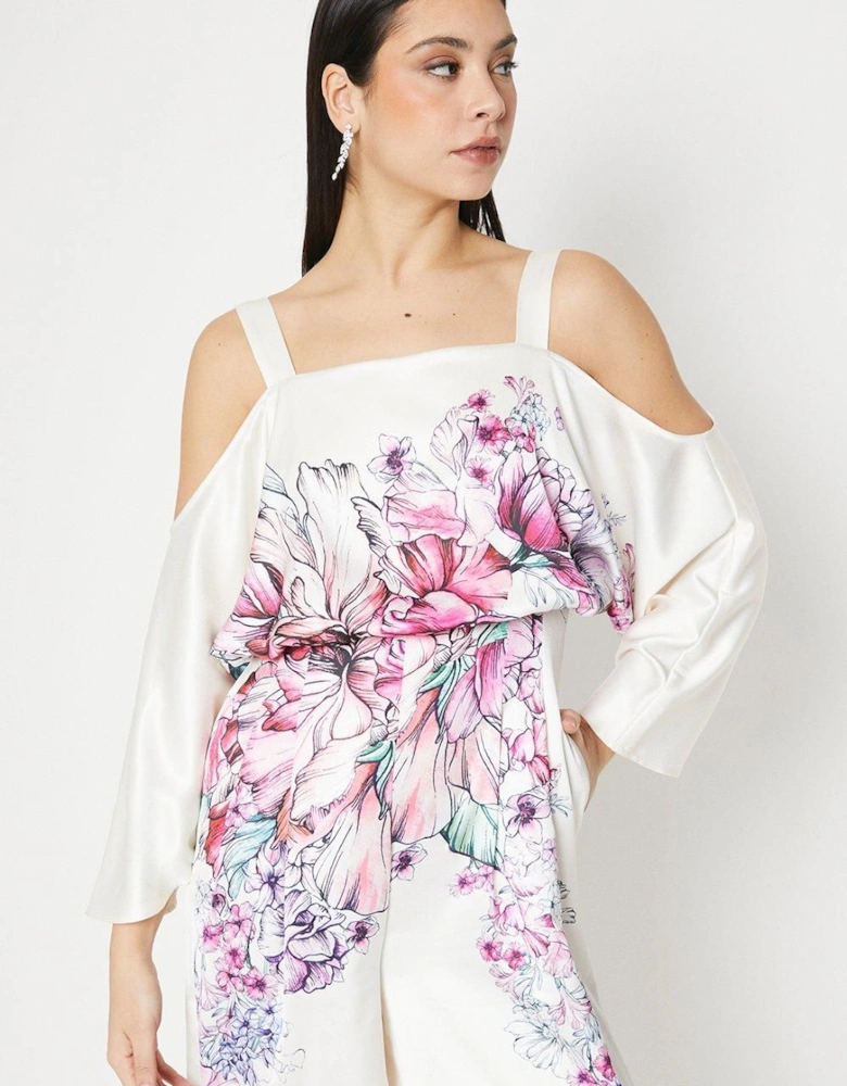 Placement Print Satin Off Shoulder Jumpsuit