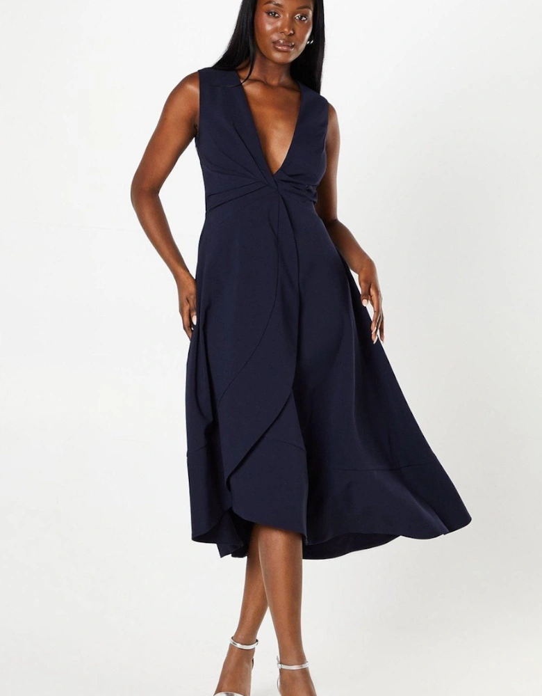 Twist Front Wrap Skirt Crepe Midi Wedding Guest Dress