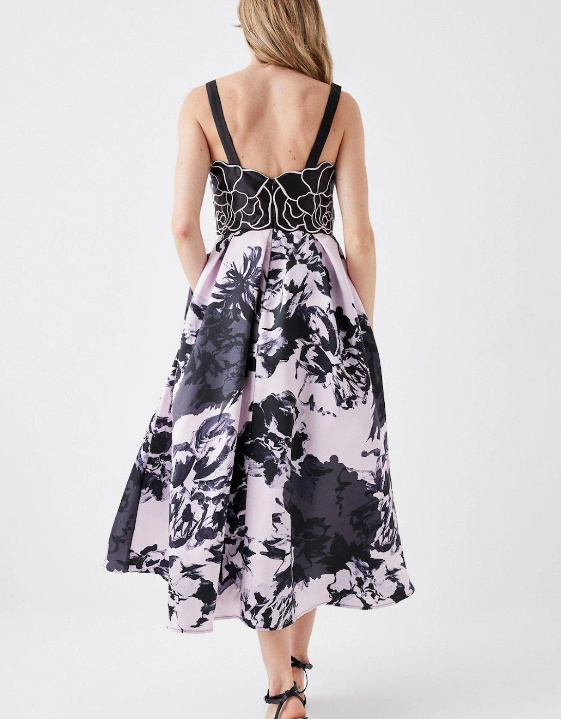 Printed Twill Midi Dress With Embroidered Flowers